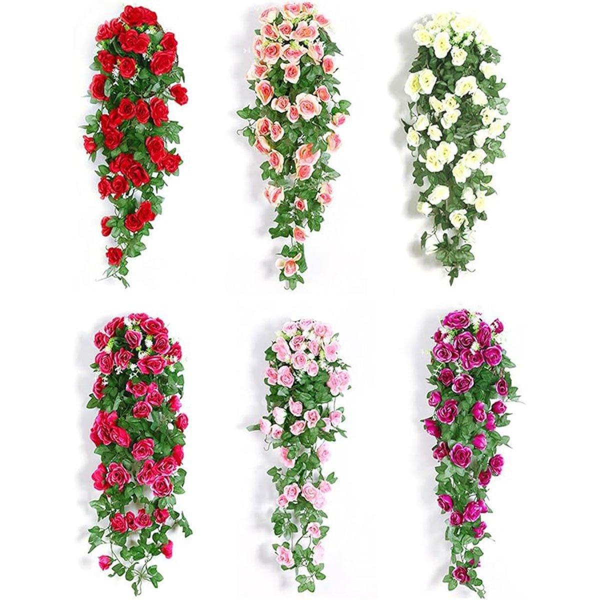 Set of two red artificial rose flower garlands hanging vines, 90cm long, from Faux Flora, ideal for home and garden decor.
