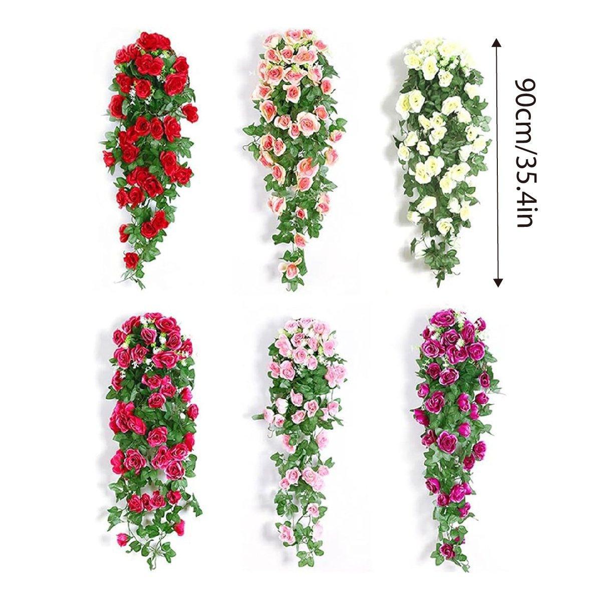 Two red artificial rose flower garland hanging vines from Faux Flora, 90cm long for home and garden decor.