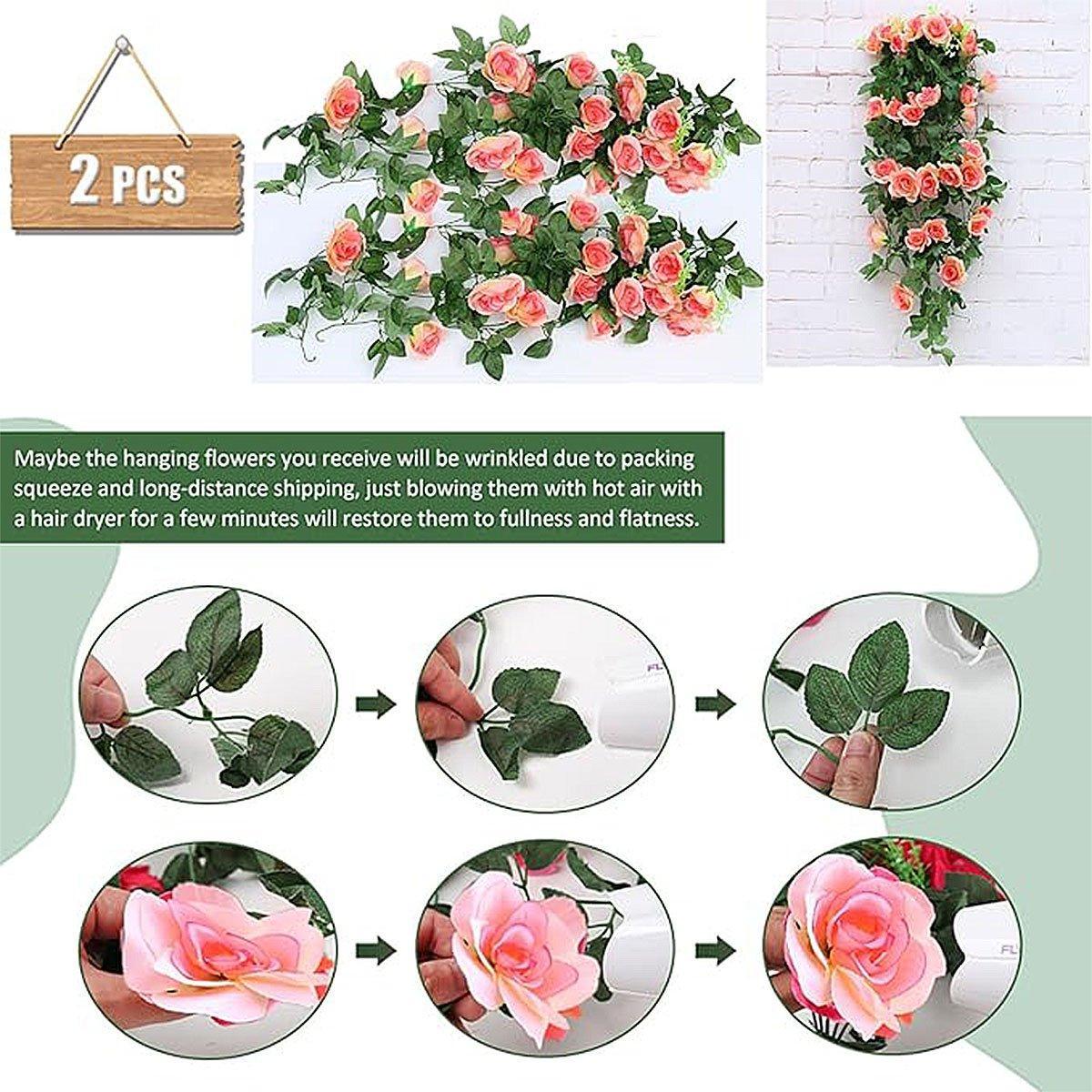 Set of two red artificial rose flower garlands, 90cm hanging vines for home decor by Faux Flora, realistic faux floral decoration