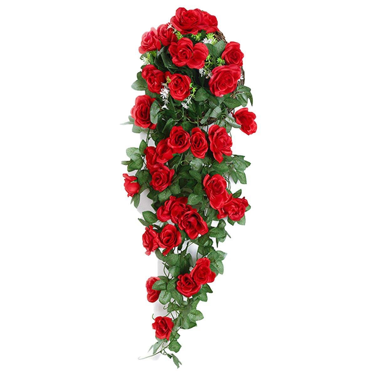 Two red artificial rose flower garlands hanging vines, 90cm long, by Faux Flora, ideal for home decor and garden accents.