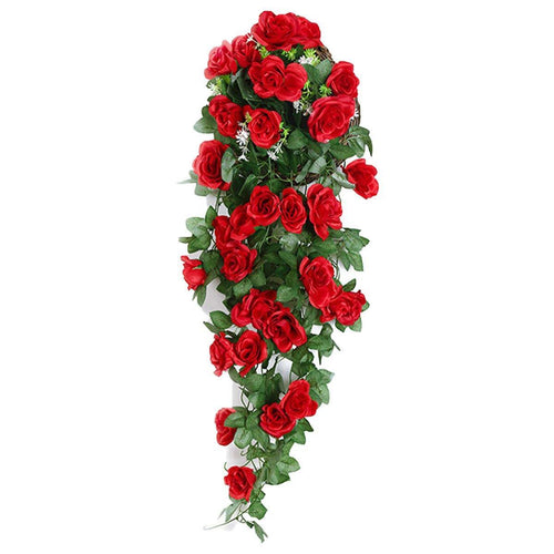 Two red artificial rose flower garlands hanging vines, 90cm long, by Faux Flora, ideal for home decor and garden accents.