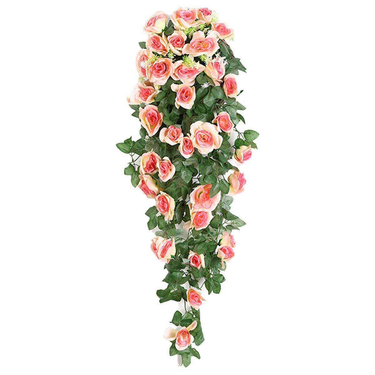 Two artificial rose flower garlands in red, 90cm long, with hanging vine design from Faux Flora for home or garden decor.