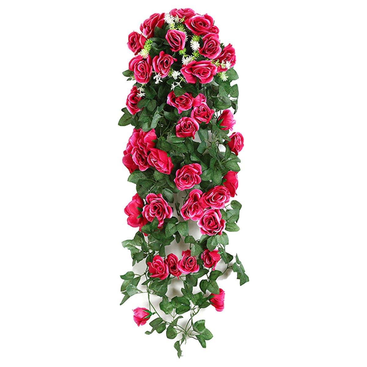 Set of two red artificial rose flower garlands, 90cm hanging vines by Faux Flora for home and garden décor.