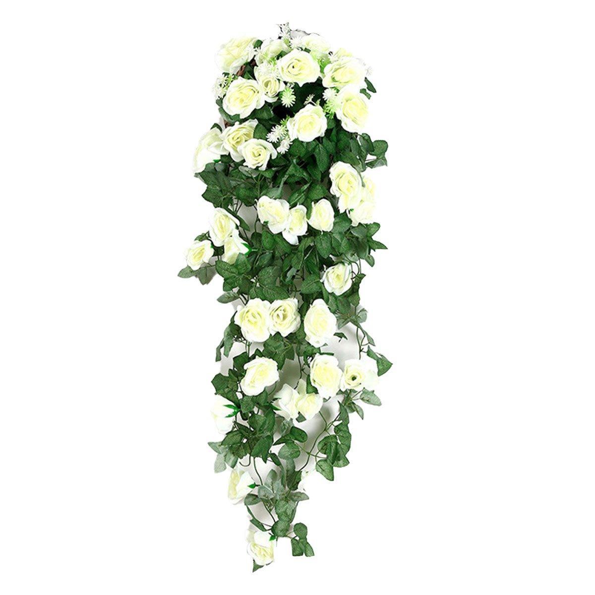 Set of two white artificial rose flower garlands hanging vines, 90cm long, perfect for home and garden decor by Faux Flora.
