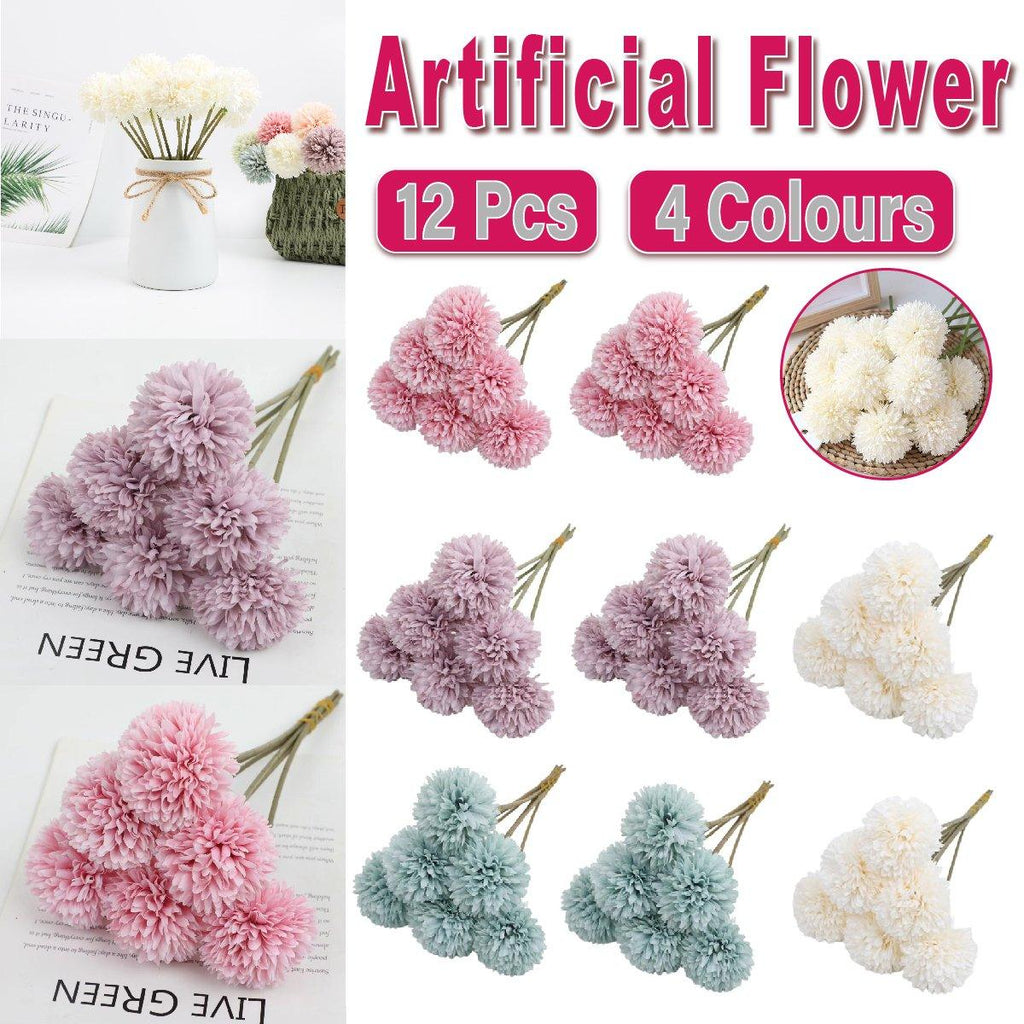 Set of twelve blue artificial dandelion flowers by Faux Flora, realistic faux flower arrangement for home decor.