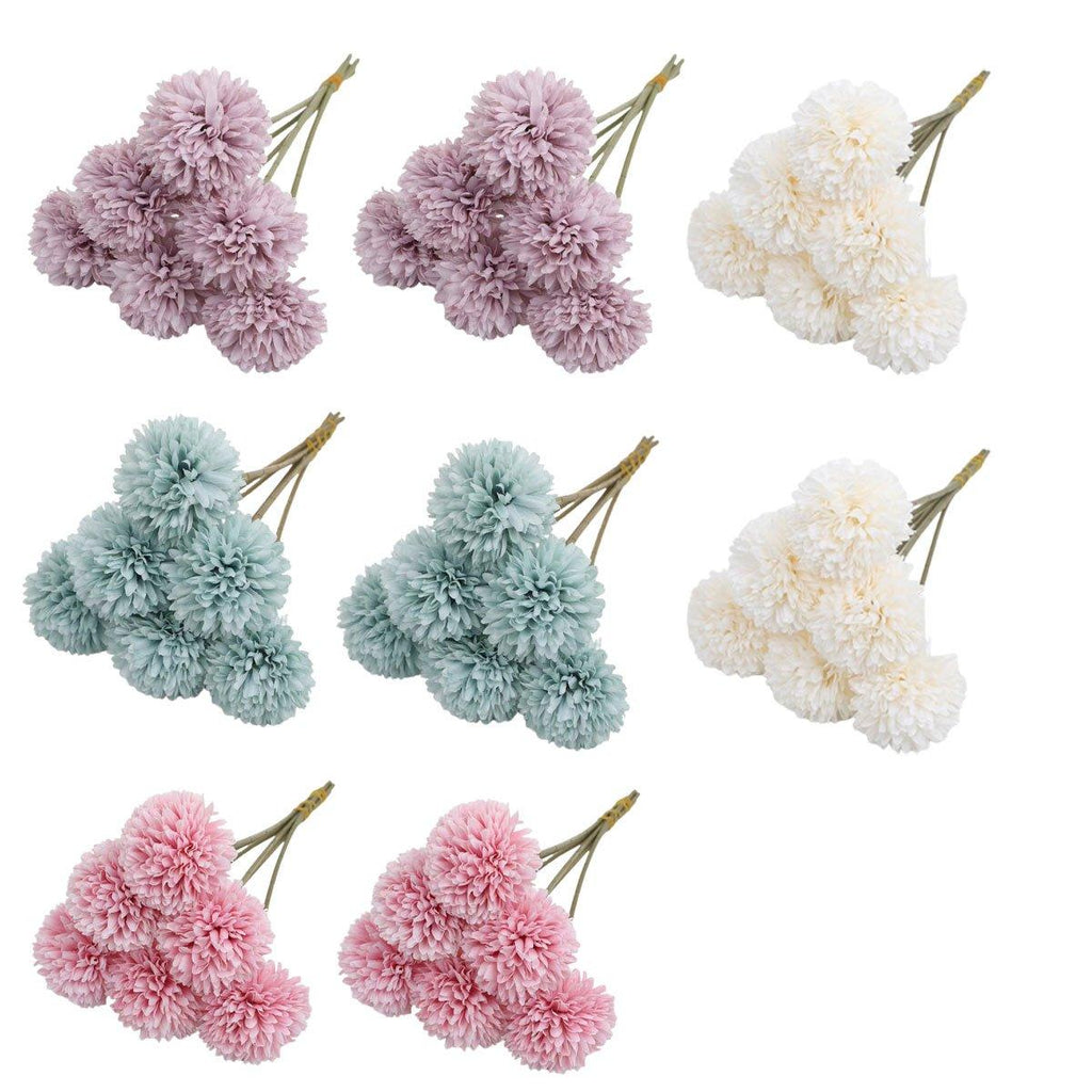 Set of twelve purple artificial dandelion flowers in a faux flora arrangement, perfect for home and garden decor.