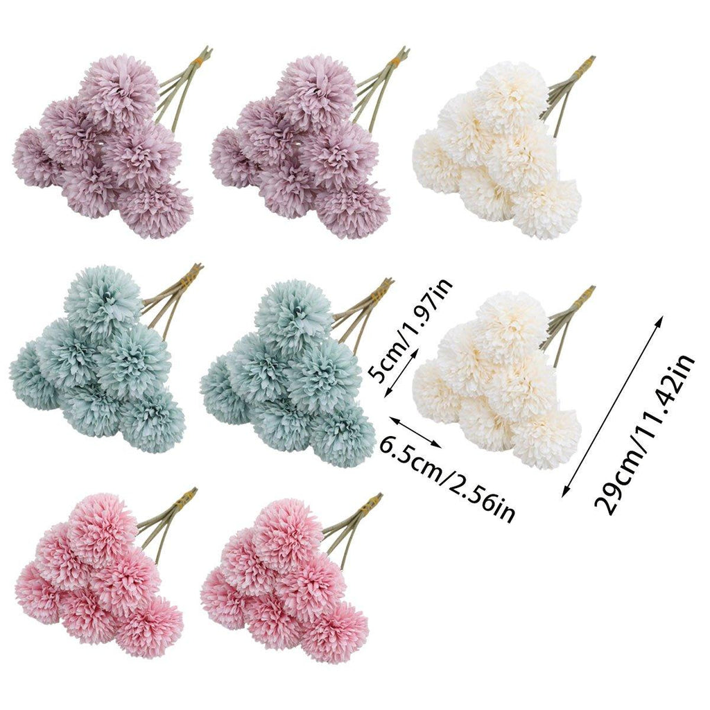 Set of twelve purple artificial dandelion flowers by Faux Flora, arranged in a decorative home and garden display.
