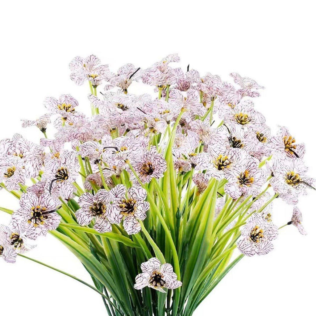Set of twelve blue artificial spring grass flowers from Faux Flora, ideal for home and garden decorative arrangements.
