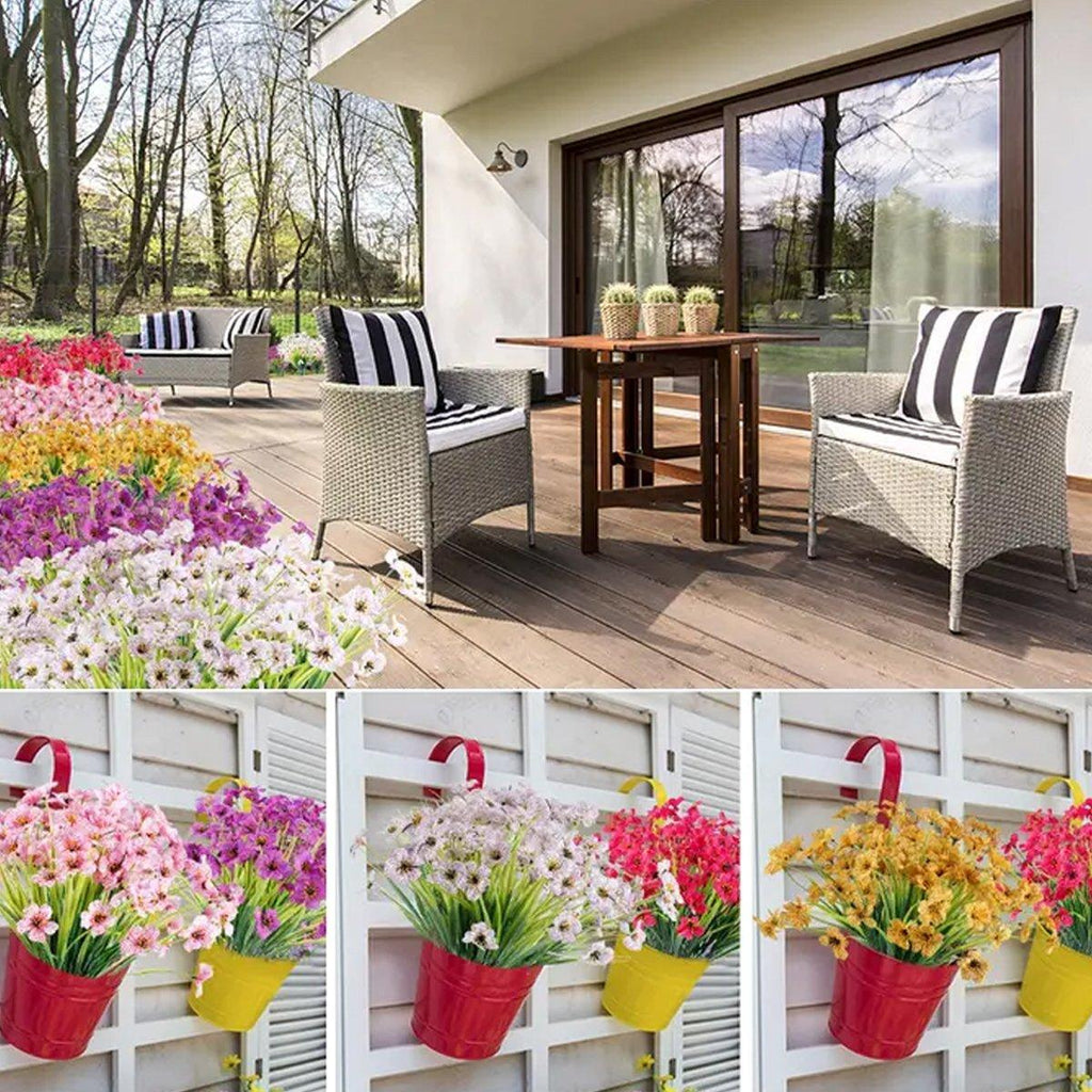 Set of twelve orange artificial spring grass flowers from Faux Flora, perfect for home and garden decor.