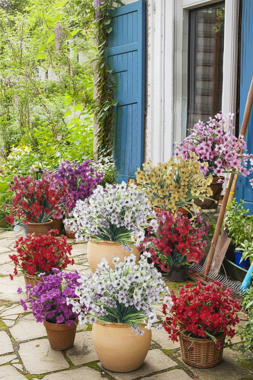Artificial spring grass flowers in various colors displayed outdoors with a blue door in the background.