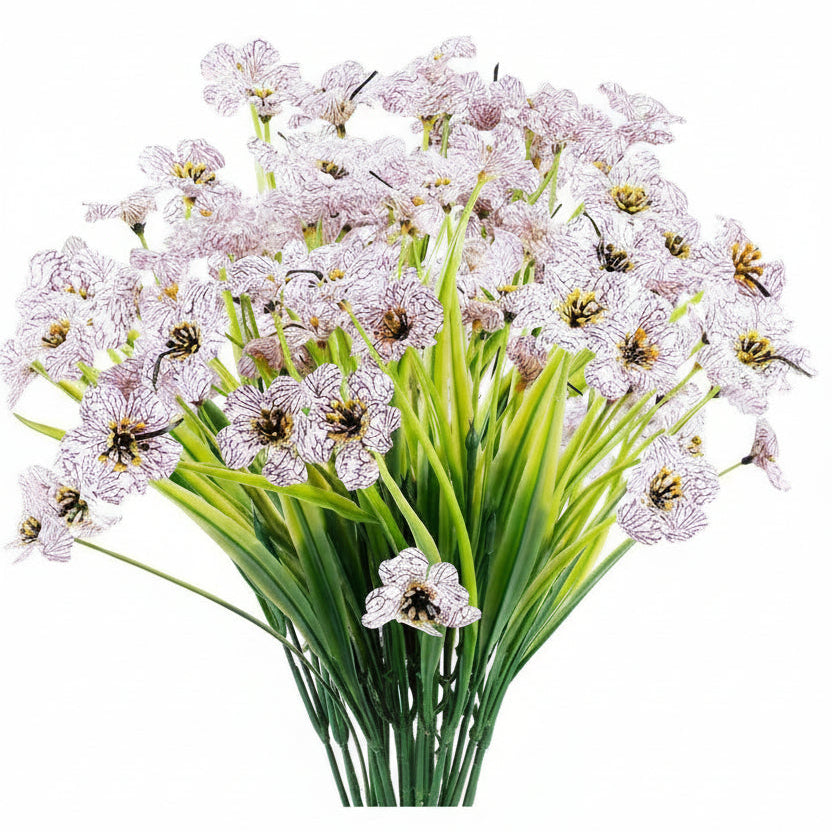 Bouquet of white flowers with green stems on a white background