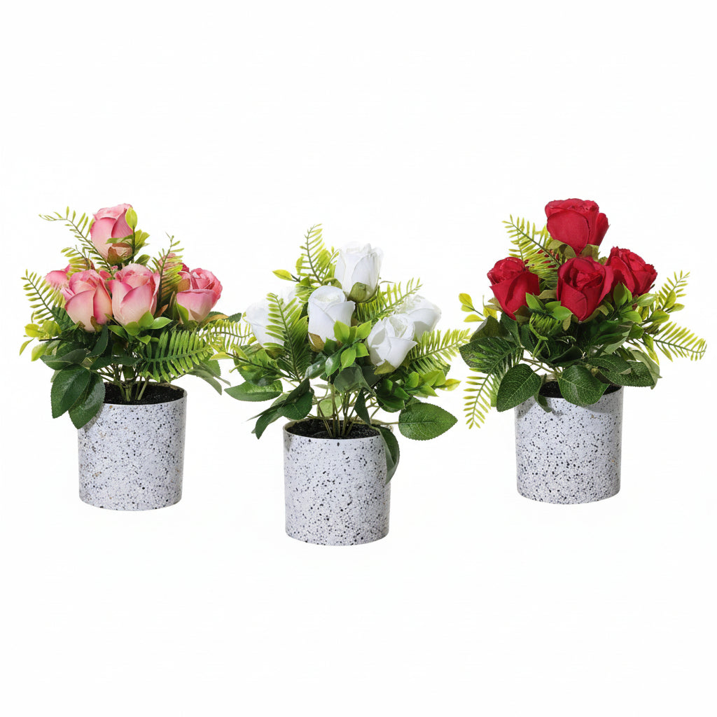 Artificial Rose Flower Plant in Pot (Set of 3) 25cm