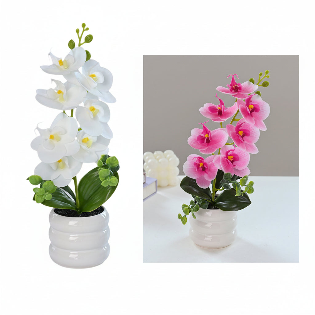 Set of 8 artificial orchid plants in 28cm pots by Faux Flora, ideal for home and garden decor.