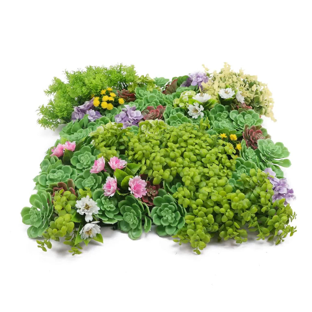 Artificial dense succulent green wall panel by Faux Flora, UV resistant, 50cm x 50cm, ideal for home garden decor.