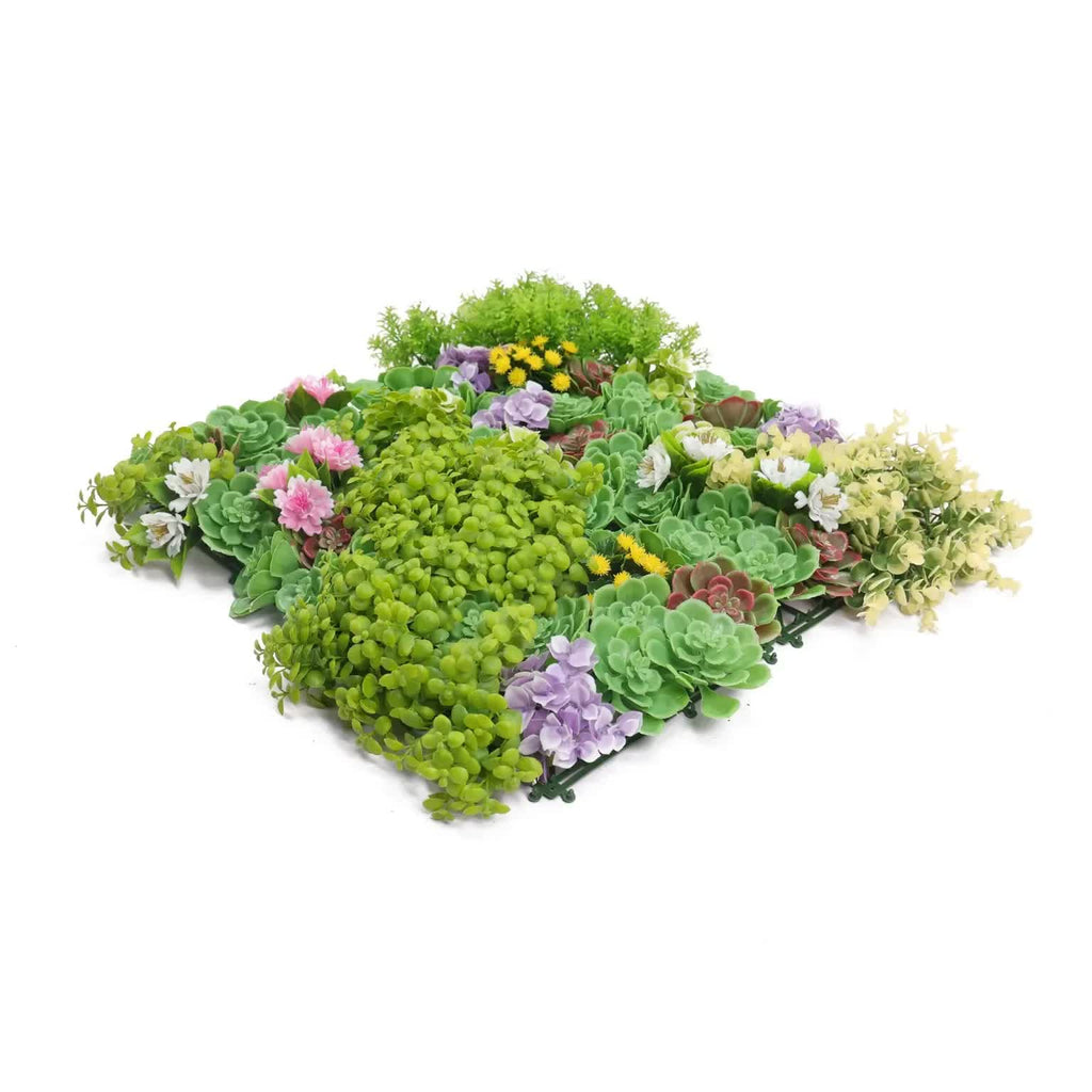 Artificial dense succulent green wall panel by Faux Flora, UV resistant, 50cm x 50cm, ideal for home and garden wall decor.