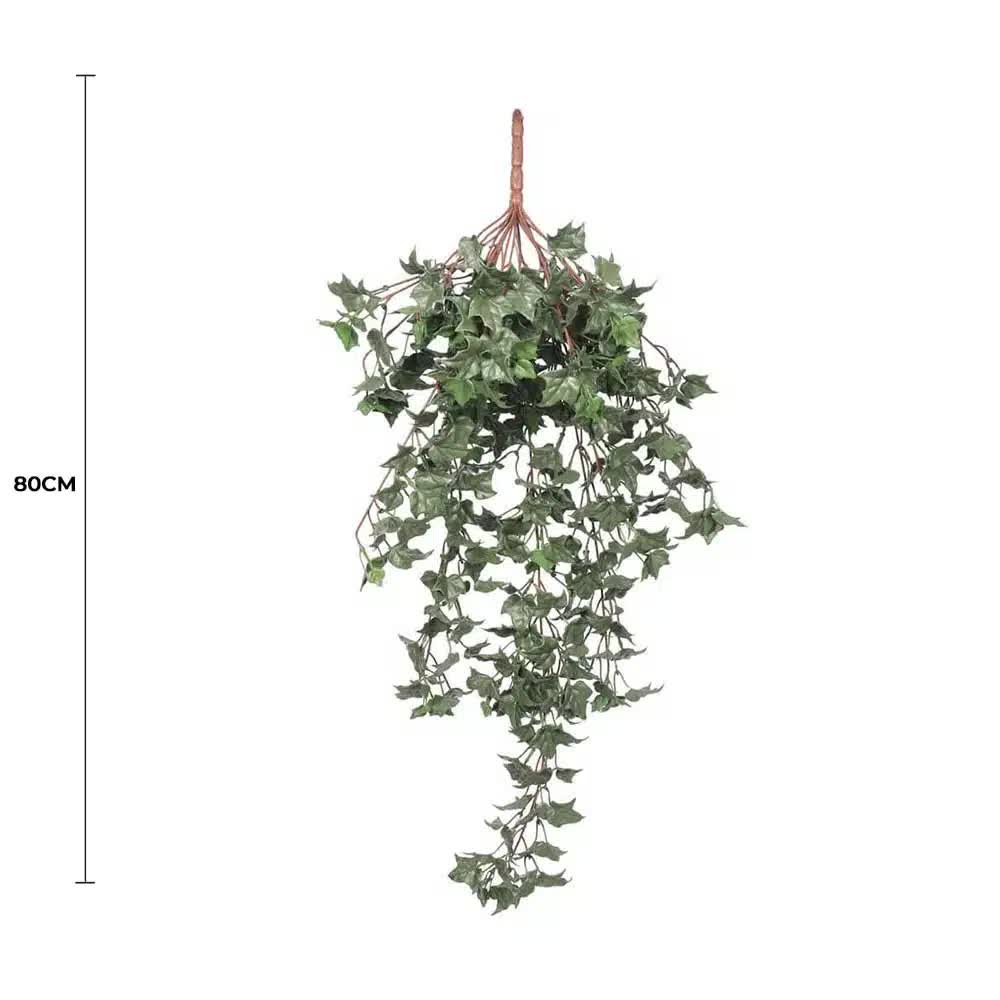 Hanging artificial ivy plant with a measurement label on a white background
