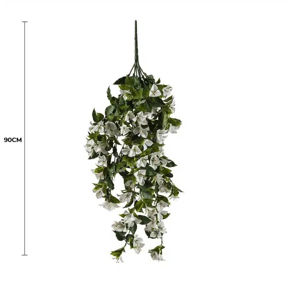 Hanging white artificial Bougainvillea plant by Faux Flora, UV resistant, 90cm tall, suitable for home and garden décor.