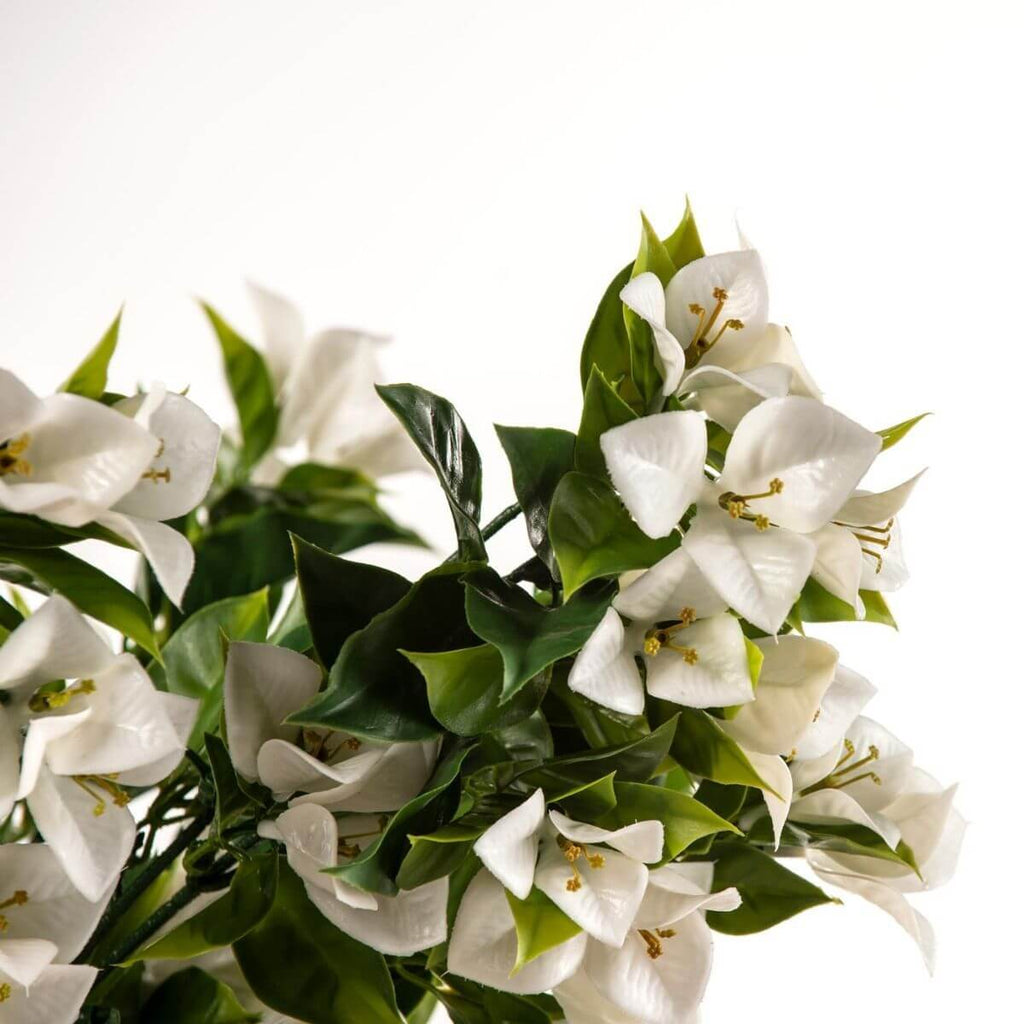 White artificial bougainvillea hanging plant by Faux Flora, UV resistant, 90cm tall, ideal for home and garden decor.