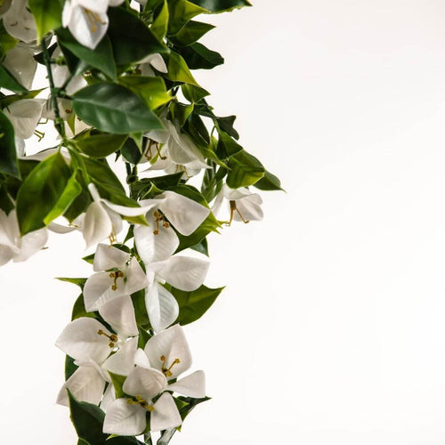 Hanging white artificial Bougainvillea plant by Faux Flora, UV resistant, 90cm tall, lush faux hanging plant for home and garden decor.