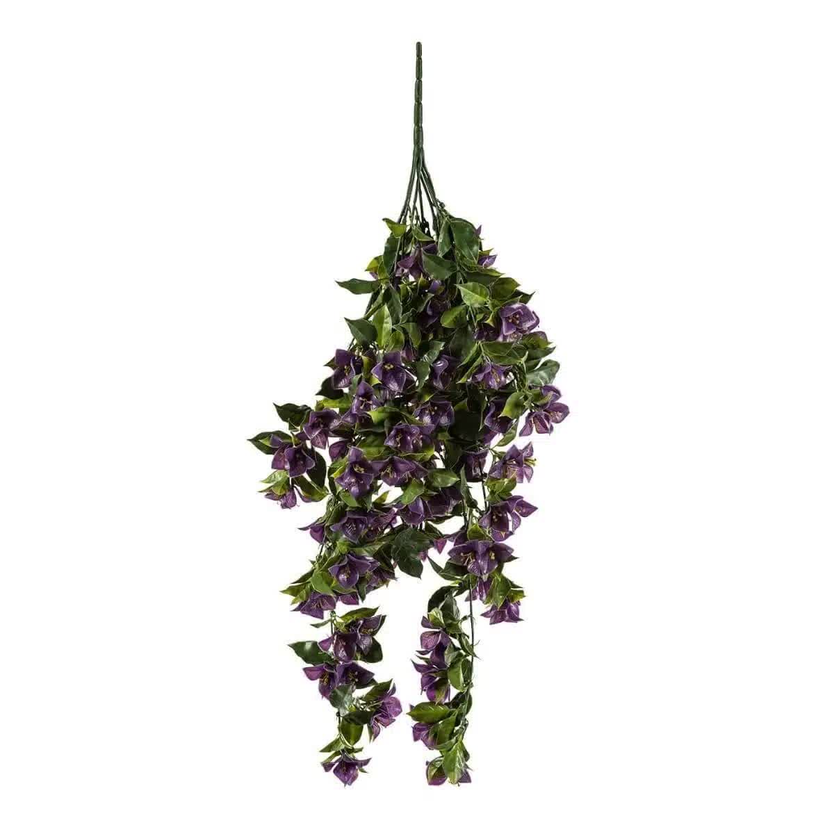 Artificial hanging plant with purple flowers on a white background