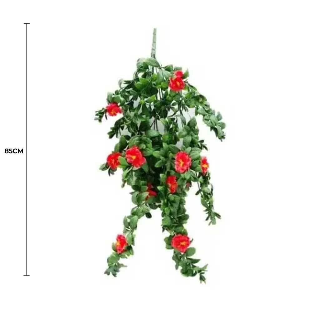 Hanging plant with red flowers and green leaves, shown with a measurement label on a white background.