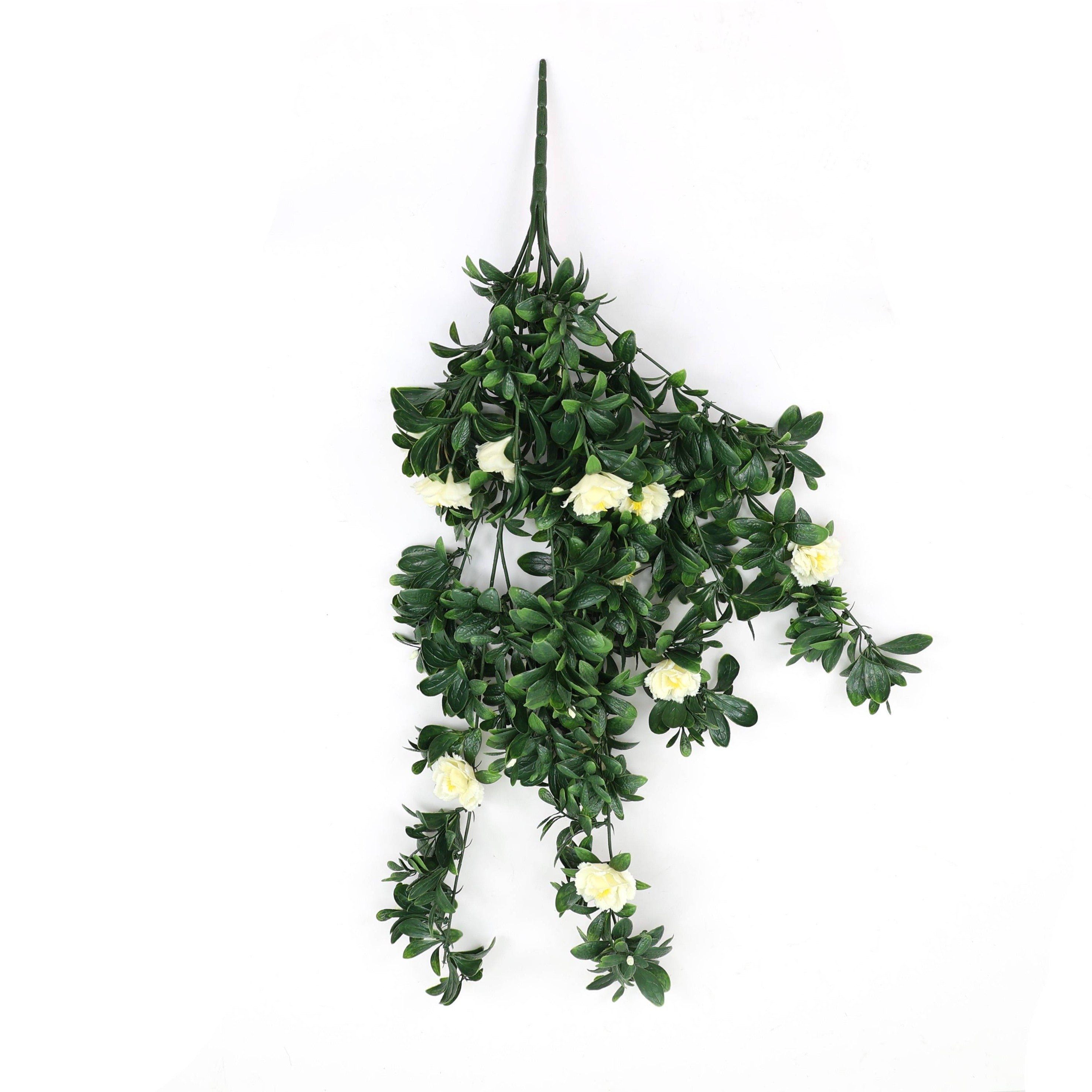 Artificial hanging plant with green leaves and white flowers on a white background