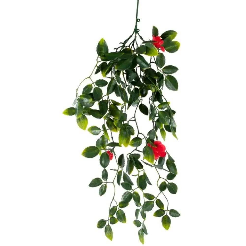Hanging artificial plant with red flowers on a white background