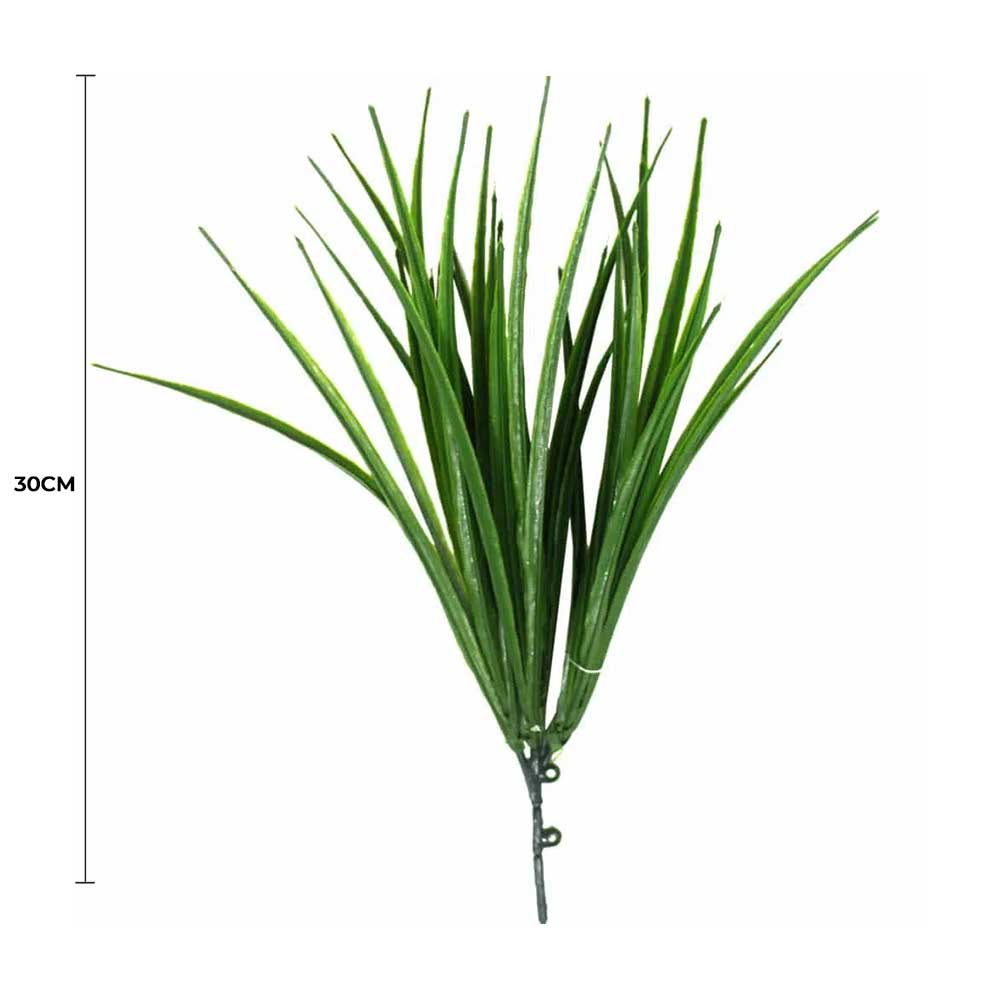 Faux Flora UV resistant grass stem, 30cm tall, artificial plant suitable for home and garden decor, realistic green foliage.