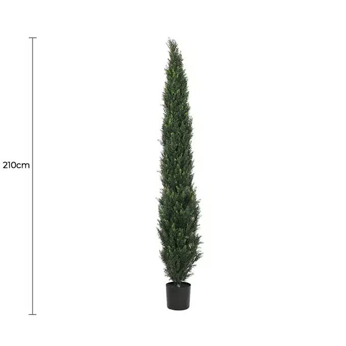 Potted artificial tree with a height measurement of 210cm on a white background
