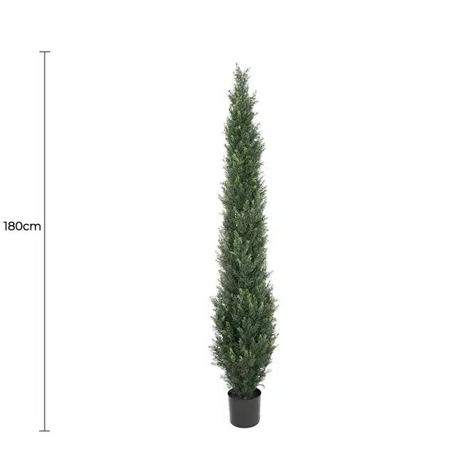 Potted artificial cypress tree with dimensions on a white background