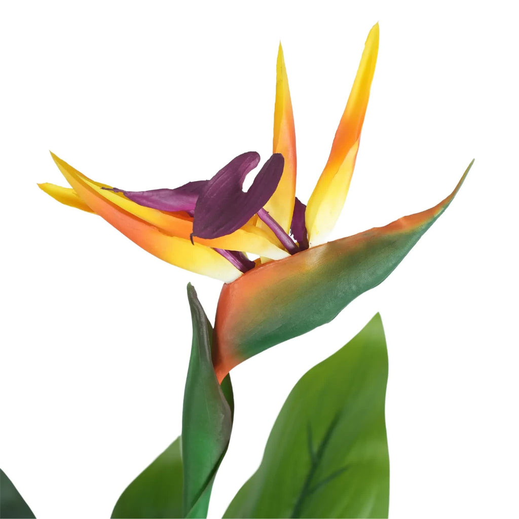 Potted artificial Bird of Paradise plant by Faux Flora, 110cm tall, with vibrant green leaves and colorful flowers in a decorative pot.