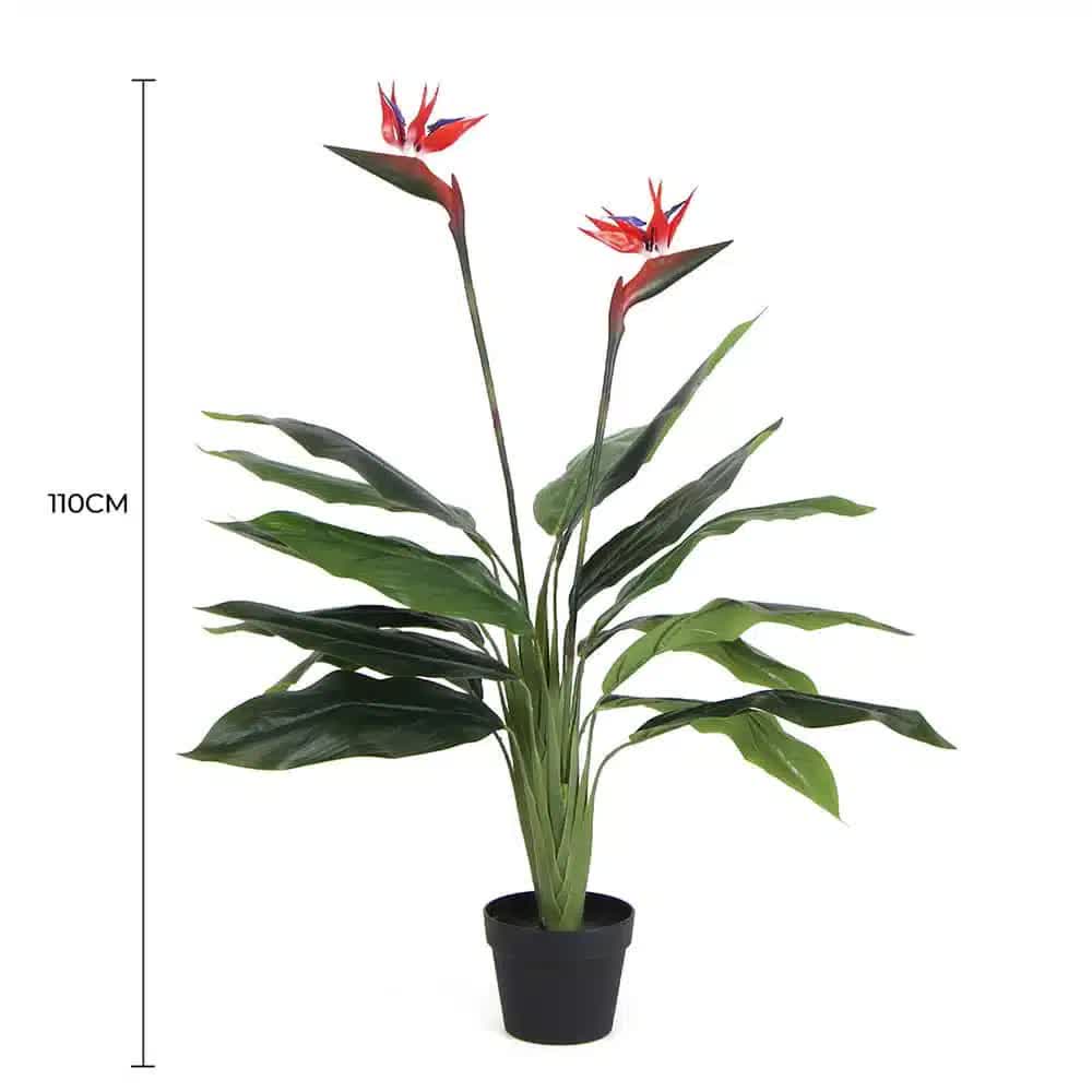 Potted artificial Bird of Paradise plant with red flowers from Faux Flora, 110cm tall, suitable for home and garden decor.