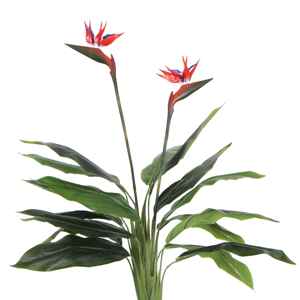 Potted artificial Bird of Paradise plant with red flowers, 110cm tall, from Faux Flora, perfect for home and garden decor.
