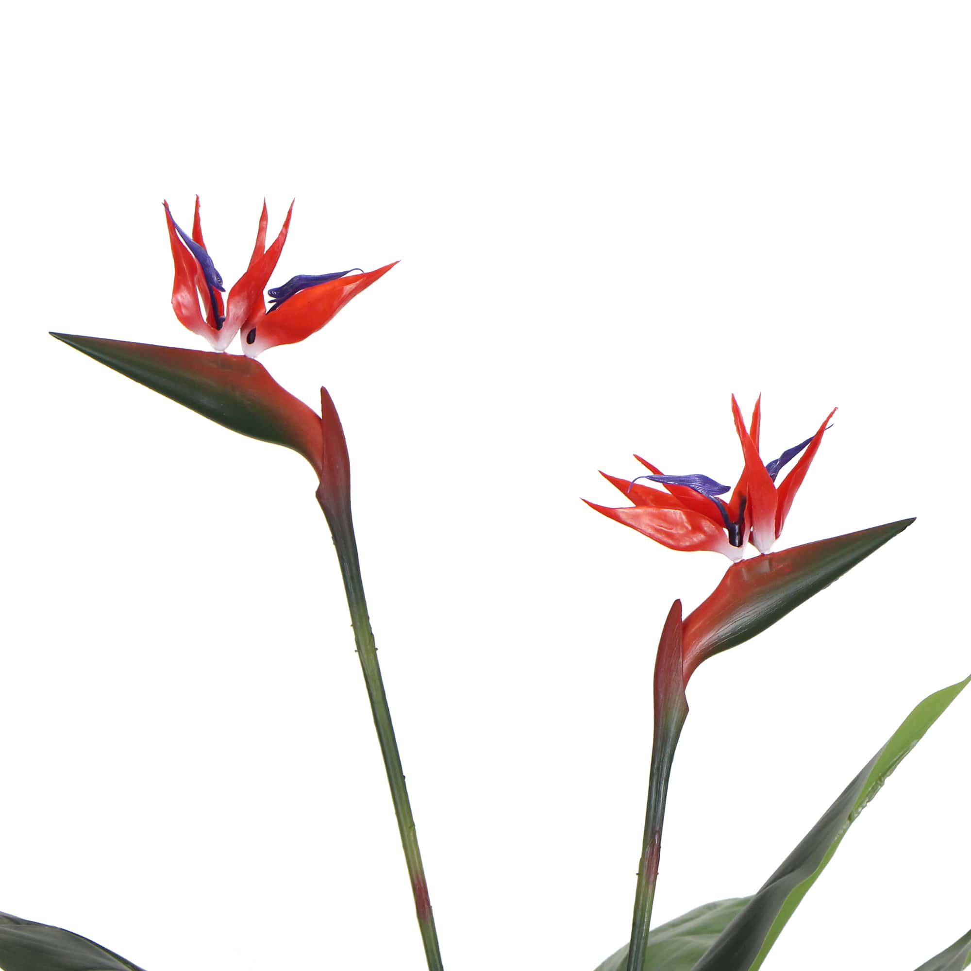 Potted artificial Bird of Paradise plant with red flowers, 110cm tall, from Faux Flora, ideal for home and garden decor.