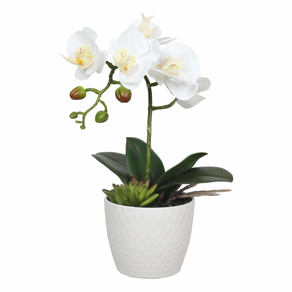 Potted white Phalaenopsis orchid with decorative pot, artificial plant by Faux Flora, 35cm tall, suitable for home decor.