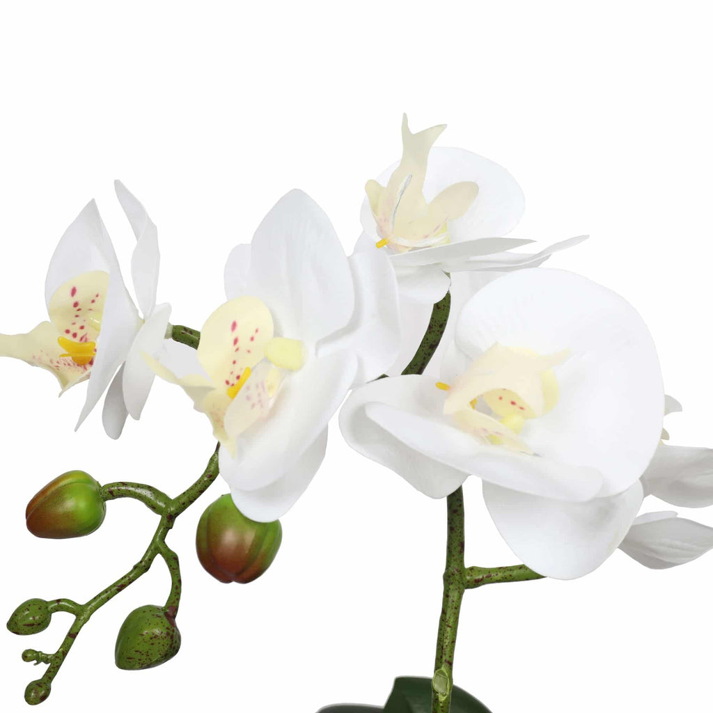 White Phalaenopsis orchid in decorative pot by Faux Flora, 35cm tall artificial potted plant for home or garden decor.