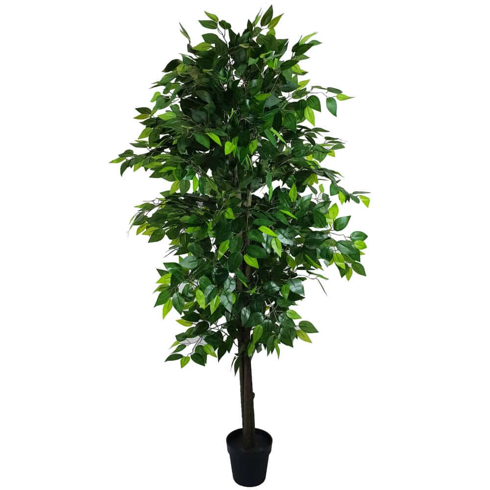 Artificial potted plant with green leaves on a white background
