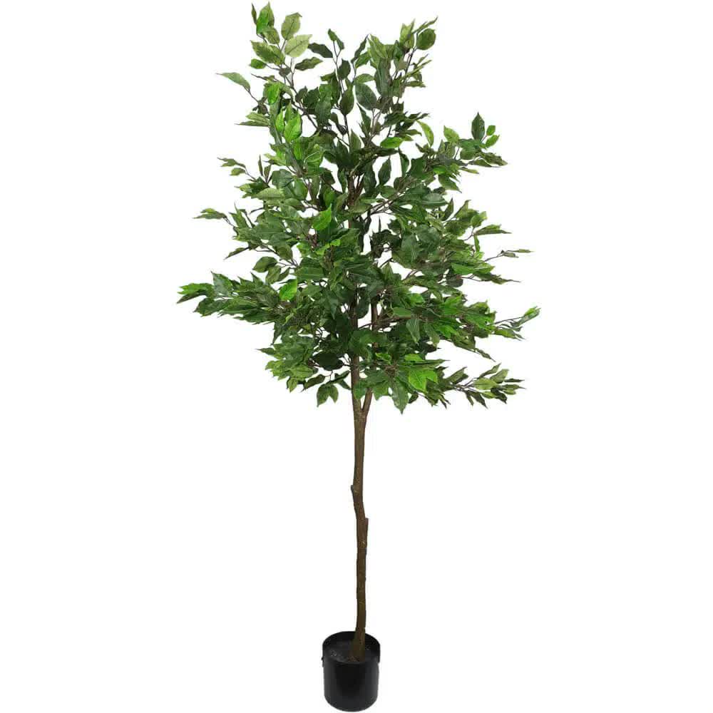 Potted artificial tree with green leaves on a white background