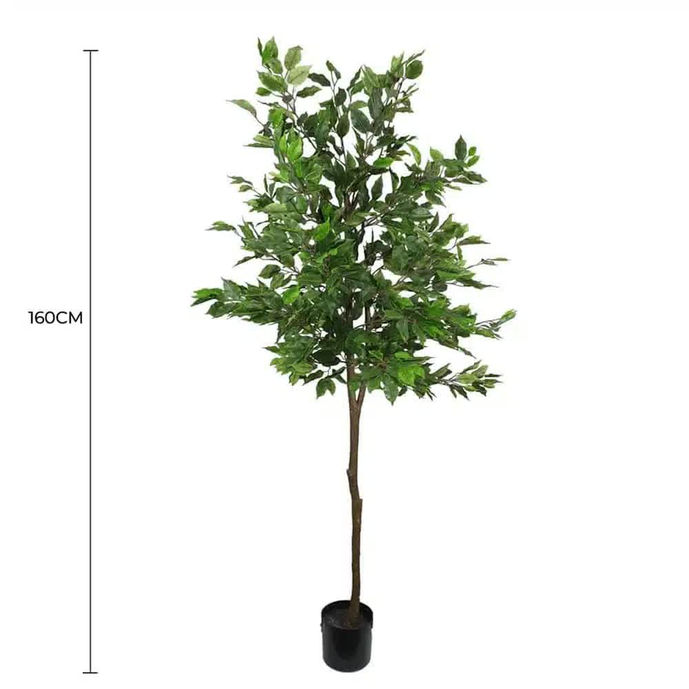 Artificial potted tree with dimensions on a white background