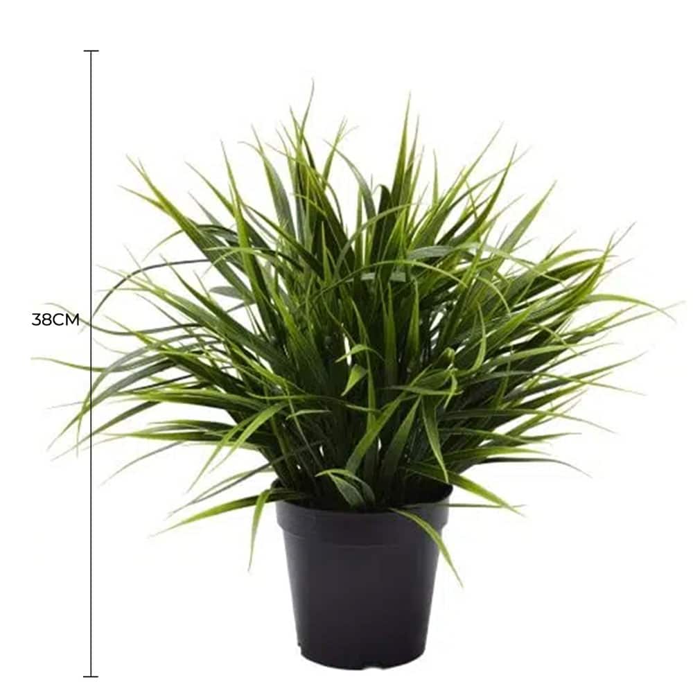 Artificial dense green grass in a pot by Faux Flora, UV resistant, 38cm, ideal for home and garden decor.