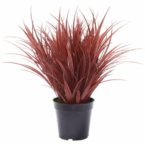 Dense burgundy artificial ornamental grass in a pot, UV resistant faux plant for home or garden décor, 38cm tall.