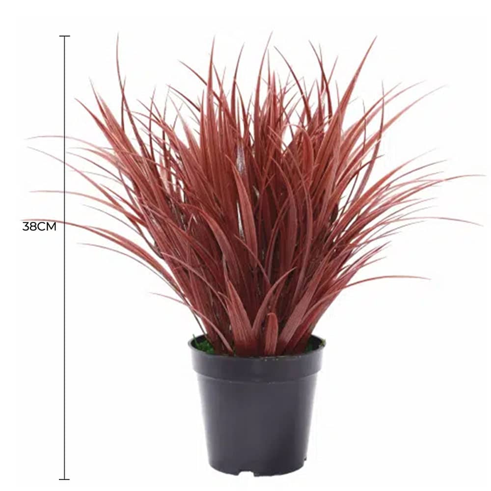 Artificial ornamental potted dense burgundy grass by Faux Flora, UV resistant, 38cm tall for home and garden decoration.