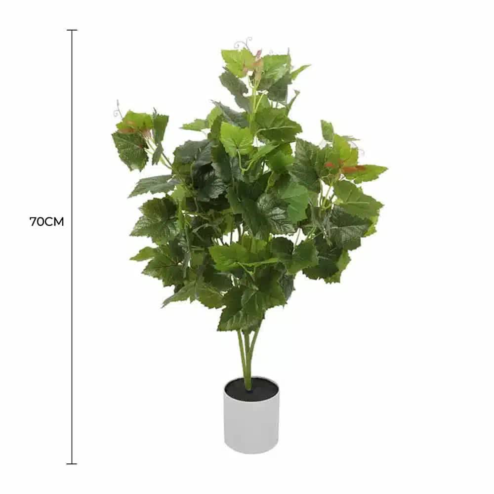 Artificial potted grape vine tree by Faux Flora, 70cm tall, with realistic green leaves in a garden setting.