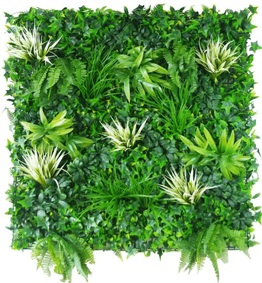 White grassy greenery vertical garden wall panel from Faux Flora, UV resistant artificial wall plant, 100cm x 100cm for home decor