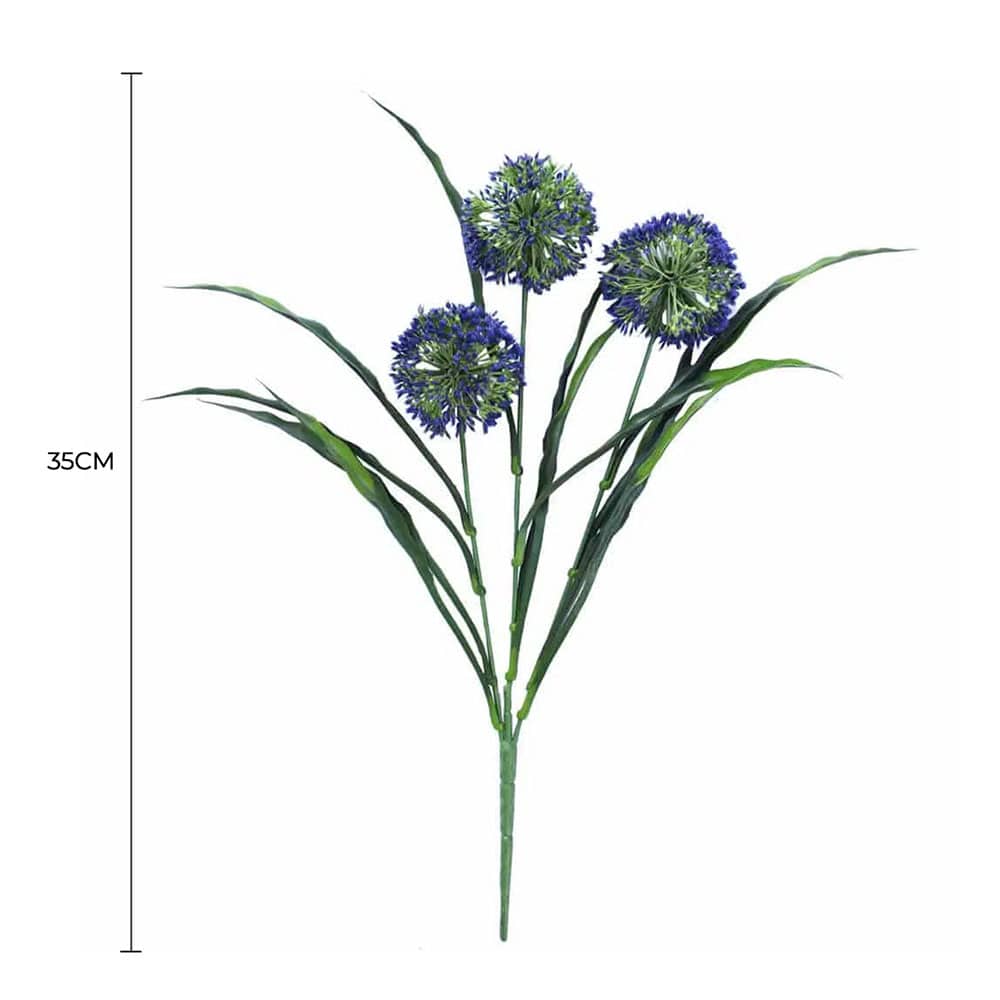 Faux Flora purple hydrangea stem with lush, flowering blooms, UV resistant, 35cm tall for home and garden decor.