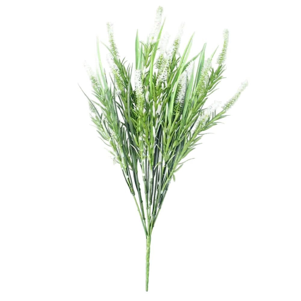Long white artificial lavender stem from Faux Flora, UV resistant, 50cm height, ideal for home and garden decor.
