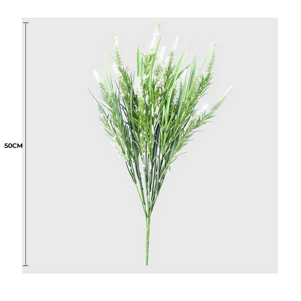 Long artificial lavender stem in white, UV resistant, 50cm tall, by Faux Flora, ideal for home and garden decor.