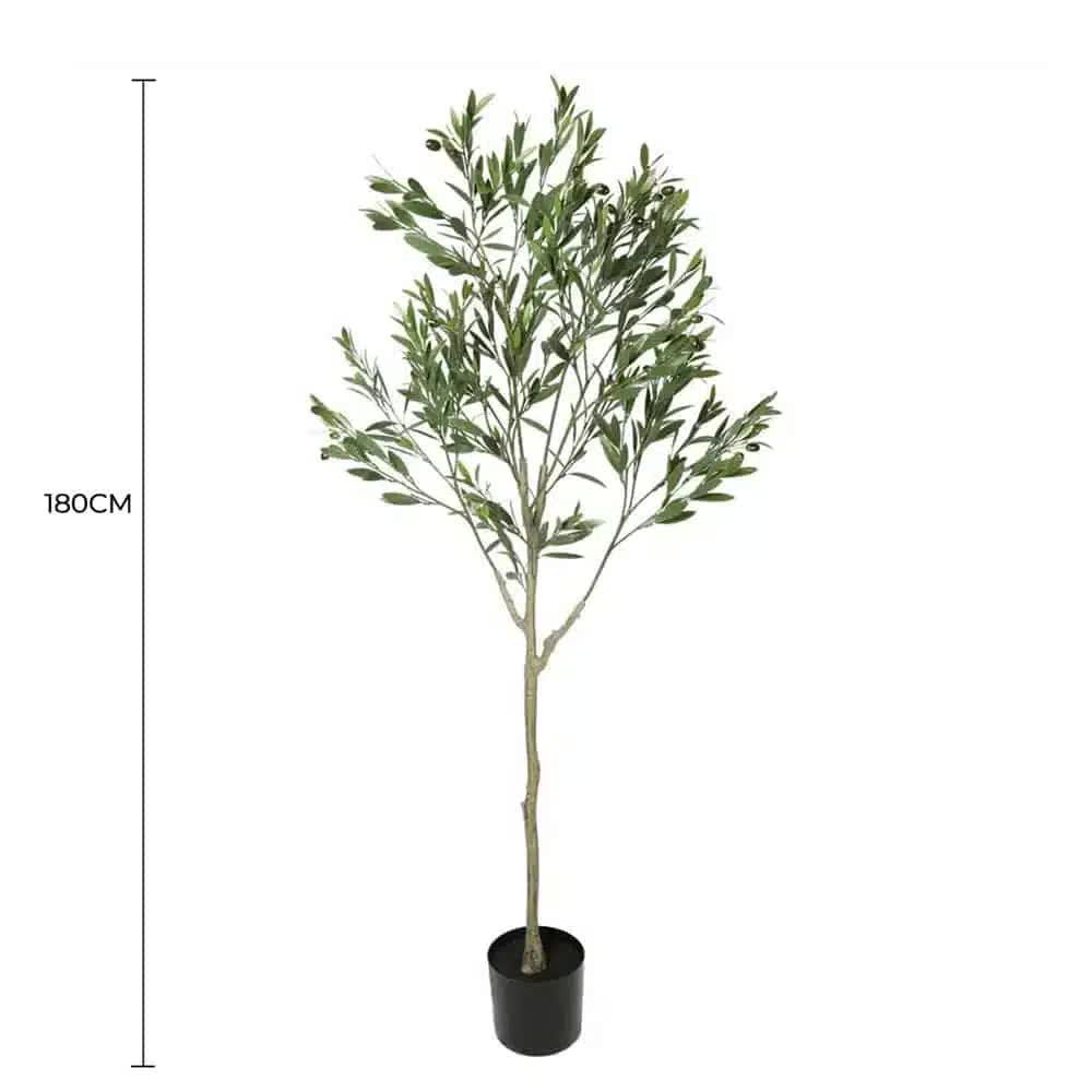 Artificial olive tree with dimensions on a white background