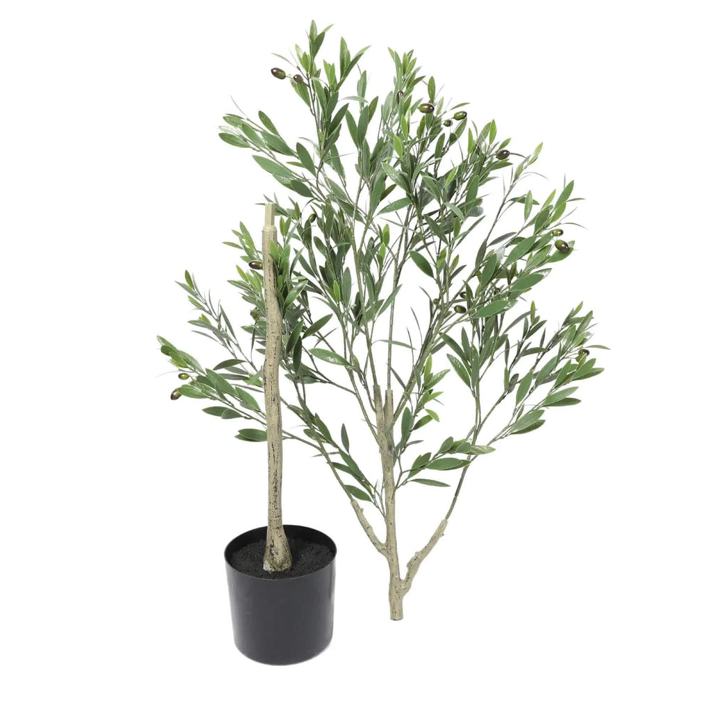 Potted artificial olive tree with green leaves on a white background
