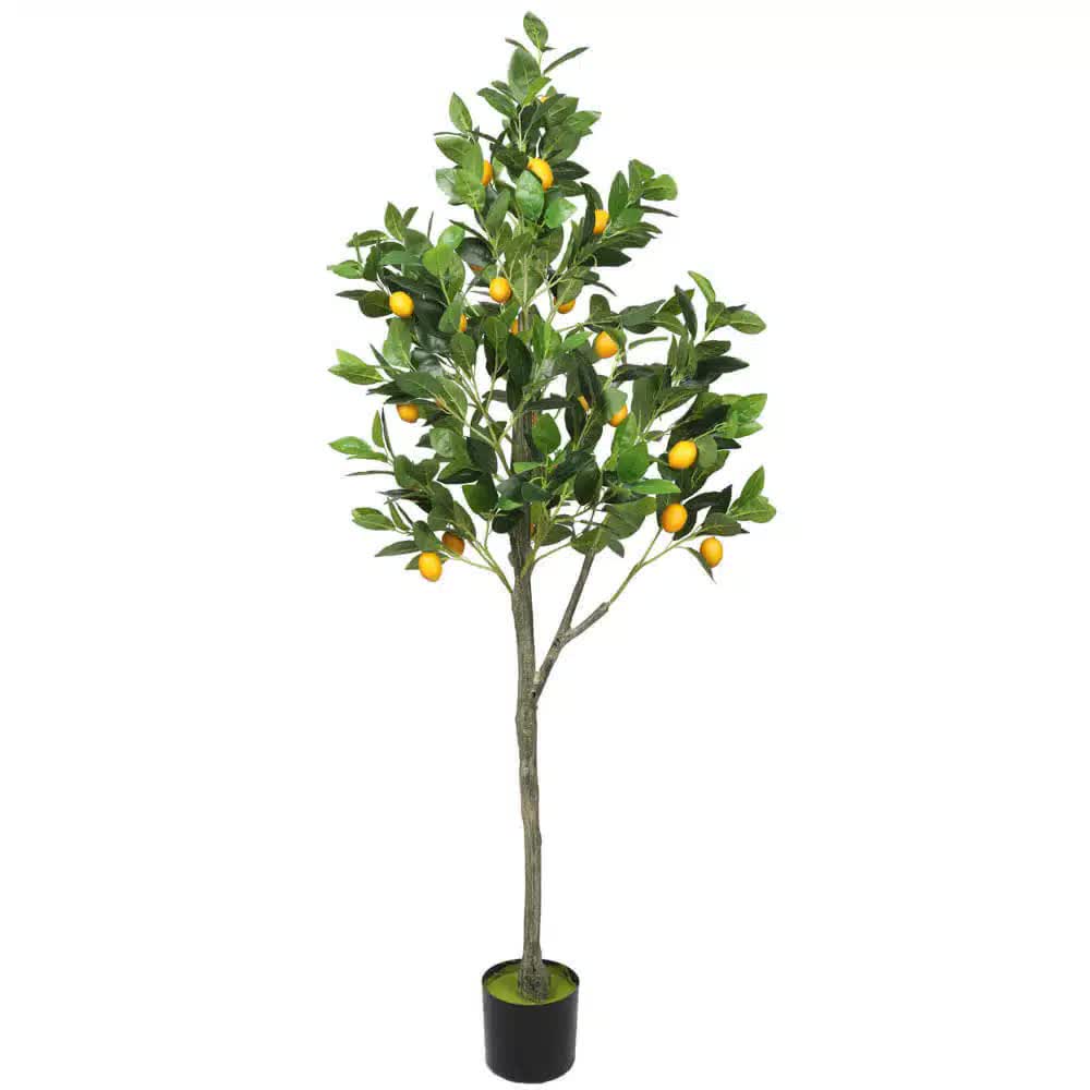 Artificial lemon tree with green leaves and yellow lemons in a pot on a white background